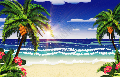 热带海洋和海滩的美丽背景与棕榈树图片