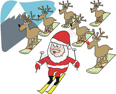 圣诞老人的矢量卡通在滑雪板上和图片