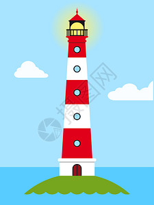 日间观视高的红白条纹灯塔和绿色小岛隐危险警报船上闪图片