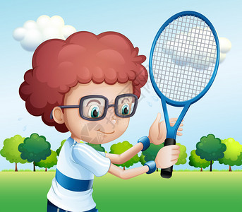一个小男孩打网球的插图图片