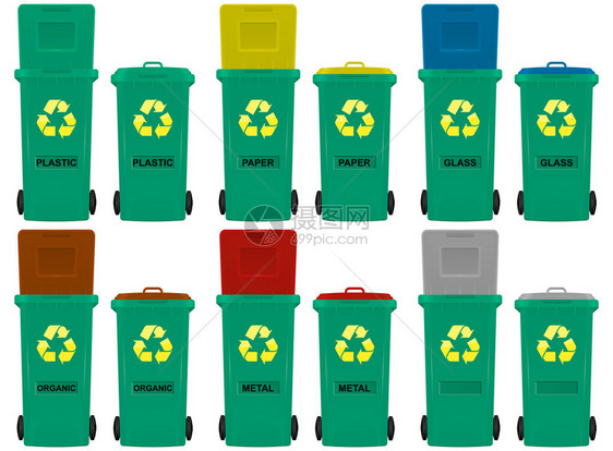 六种颜色的轮式垃圾箱插图图片