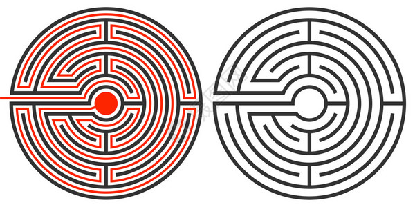 未解的迷宫谜题和第二个显示红完成路径和解决方图片