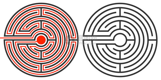 未解的迷宫谜题和第二个显示红完成路径和解决方图片
