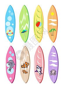 白色背景上分离的八种不同绘画设计的冲浪板插图集Surfb图片