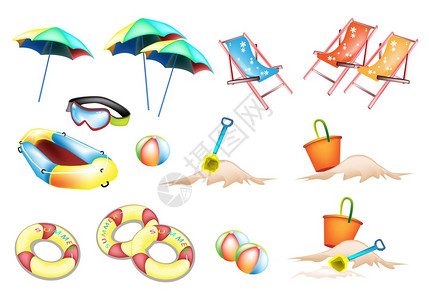 沙滩用品沙滩球内胎雨伞躺椅沙滩桶和图片
