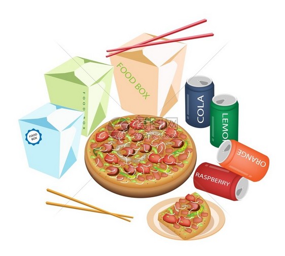 外卖餐厅外卖食品食品盒比萨饼和苏打饮料的插图在白色图片