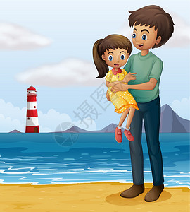 一个父亲和一个女儿在海滩上的插图图片