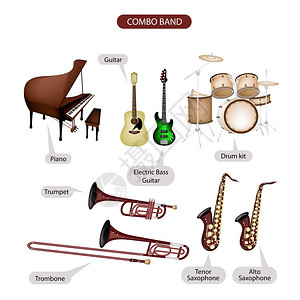 复古风格的乐器组合品牌钢琴吉他电贝司吉他架子鼓小号长号次中音萨克斯管和中音萨克斯管的图片