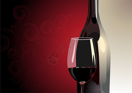 显示近距离观看一杯红葡萄酒并用灰色和红色两种音调背景的瓶子在杯后图片