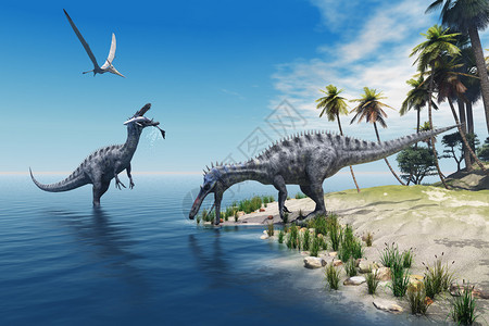 一只大型的鱼被Suchomimus恐龙捕获而一只飞翔的Pterosaur恐龙手表图片