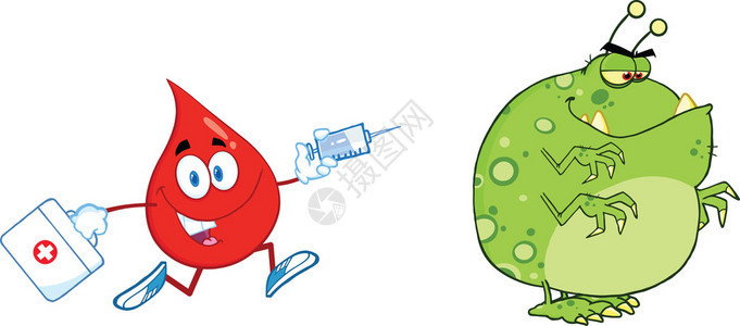 红色血滴卡通字符与SyringeGerm图片