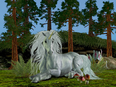 一个美丽的白色独角兽依靠在魔力般的森图片