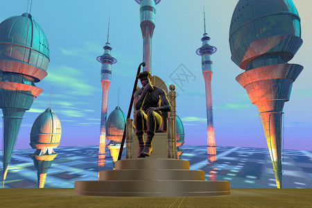 一个国王坐在他的王座上在一个充满现代建筑图片