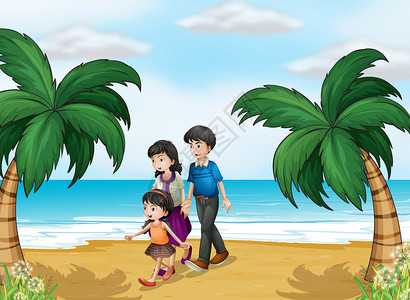 一家人在沙滩上散步的插图图片