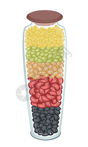 一排不同的干豆在一个高玻璃罐绿豆芸豆黑眼豆图片
