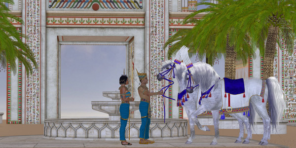 埃及法老在皇宫的院子里骑着阿拉伯马来图片