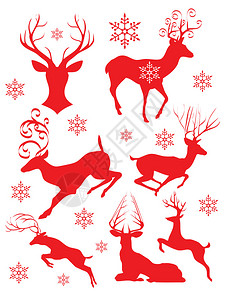 鹿的红色剪影与白色背景上的雪花图片