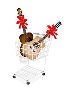 一个装满古典吉他和原声吉他装饰的购物车图片