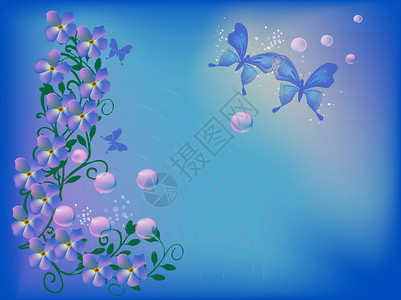 蝴蝶和花朵的蓝色插图图片