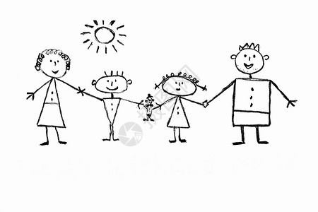 儿童绘画一个幸福的家庭父母和儿童微笑站立图片