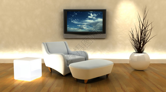 墙上沙发和电视的3d渲染图片