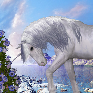 一个美丽的白色独角兽与它的野马流图片