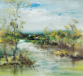景观与树木和水位油画艺术背景图片