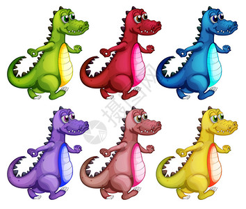 白色背景上六条彩色鳄鱼的插图图片