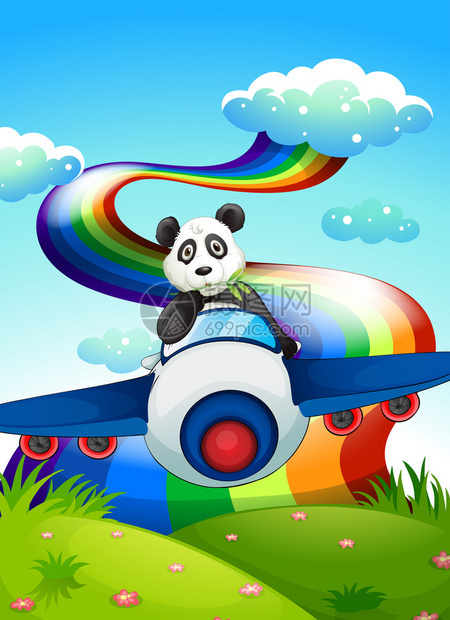 一架飞机与彩虹附近的熊猫的插图图片