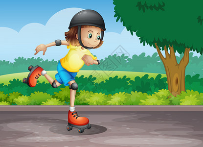 一个年轻女孩在街上滑旱冰的插图图片