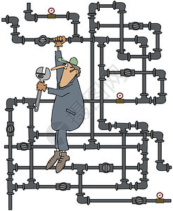 这个插图描述一个水管工挂在煤气管的铁丝网上准备用大图片