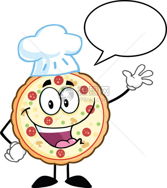 有趣的比萨厨师卡通吉祥物人挥舞着讲话泡插图孤立在白色图片