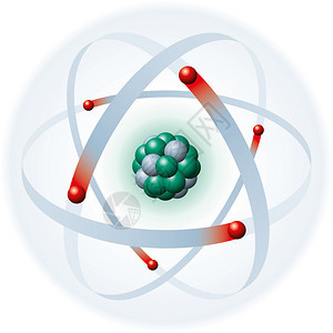 白色背景上具有蓝色电子壳红色电子绿色质子和灰色中子的原子的插图电子产生原子壳中子和质背景图片