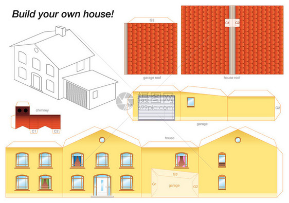 带车库的黄色房子的纸模型易于制作将其打印在厚纸上图片