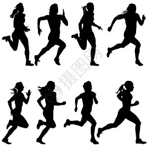 一组剪影短跑运动员女矢量插图背景图片