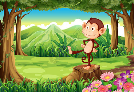 一只猴子站在树桩上的插图图片