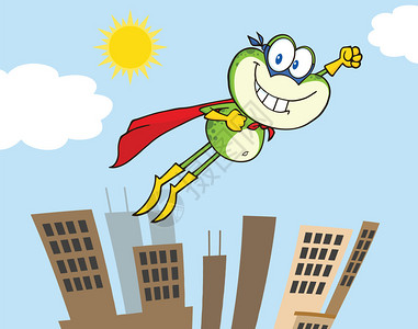 飞越城市的青蛙超级英雄卡通人物图片