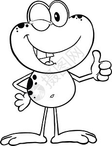 黑色白可爱的青蛙卡通字符闪亮并举起一缩拇指图片
