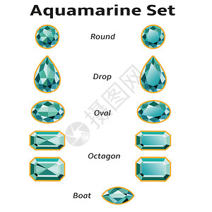 海蓝宝石设置不同的切割圆形水滴形椭圆形船形和八角形白色背景上的辉煌3D珠宝孤立的对象所有gems签名字体Amble图片