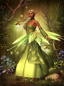 一个穿着漂亮裙子的仙女徘徊在魔力森林上在图片