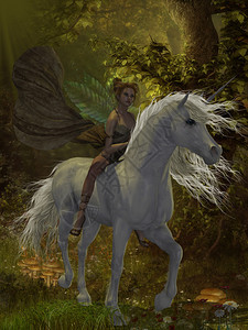 一个仙女骑着一只野生的白色独角兽穿过魔法森林图片