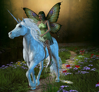 仙女骑着白色独角兽在魔法图片