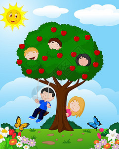 卡通儿童在一棵苹果树上玩插画图片