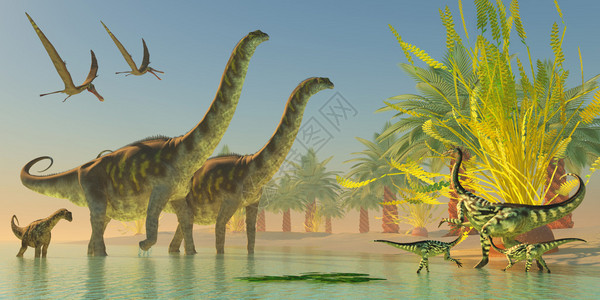 母恐龙Deinocheirus和两只Anhanguera手表在亚金诺龙从图片