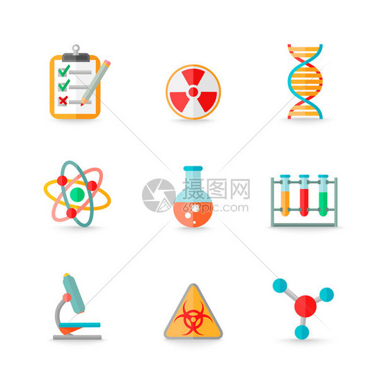 蒸馏玻璃原子dna符号图标设置隔离矢量图的科学化图片