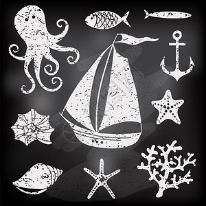剪影海手绘海符号集包括帆船章鱼背景图片