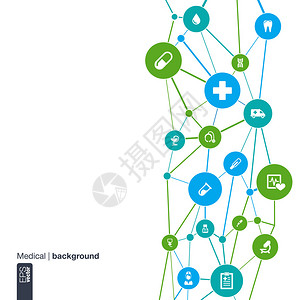 带有线条圆圈和平面图标的抽象医学背景带有医疗健康保健护士DNA温度计药丸和十字图标的信息图表图片