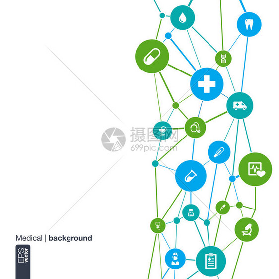 带有线条圆圈和平面图标的抽象医学背景带有医疗健康保健护士DNA温度计药丸和十字图标的信息图表图片