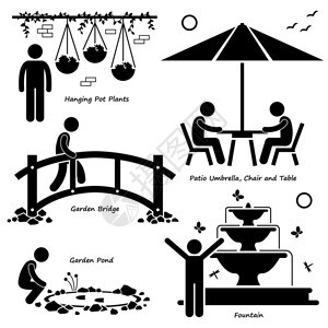 一组使用不同类型的家庭对象的人类象形图他们是使用悬挂花盆花园桥天井伞椅子和桌子花园池背景图片