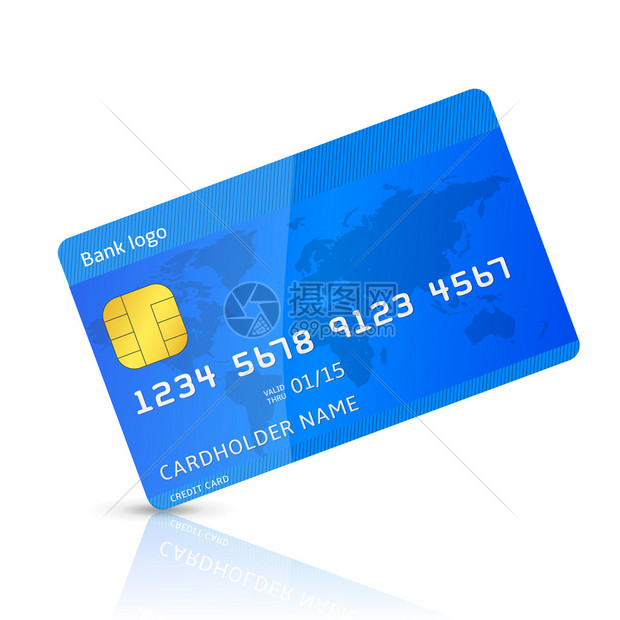 白色背景孤立的详细蓝信用卡的矢量插图以白图片